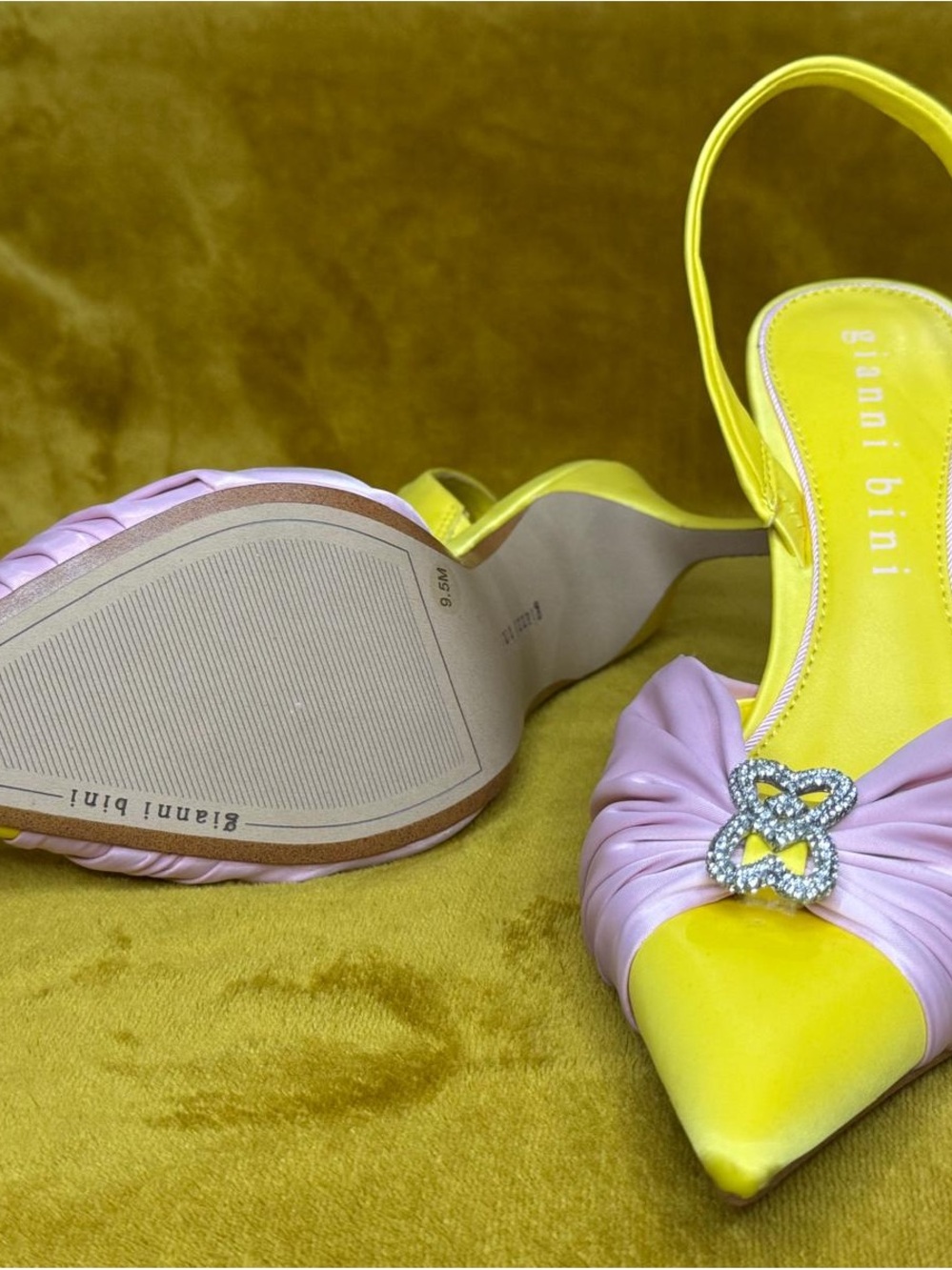 Gianni Bini Yellow and Light Pink Satin Slingback Heels with Crystal Buckle - Picture 3 of 6